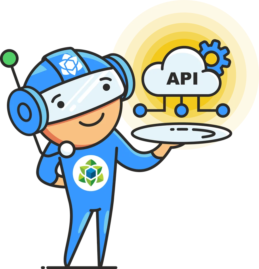 The Yurbi mascot carrying a tray of API calls