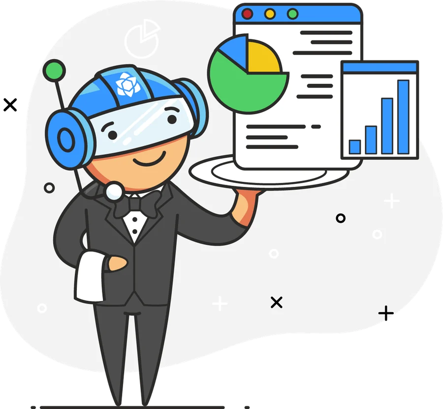 The Yurbi mascot as a butler serving a dashboard