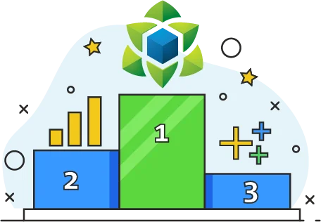 The Yurbi logo on a first-place podium