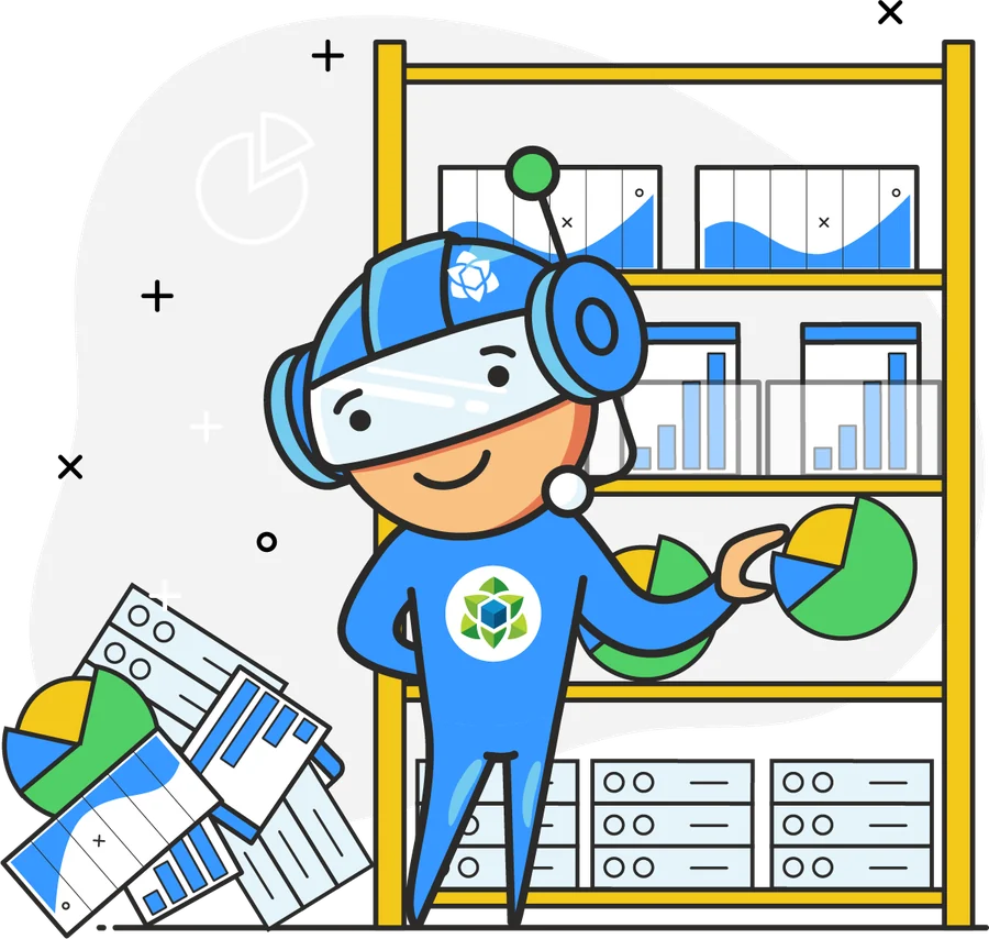The Yurbi mascot organizing shelves of reports and charts