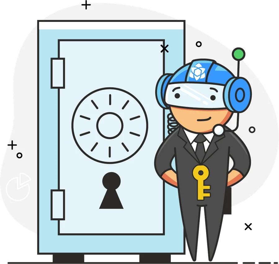 The Yurbi mascot guarding a vault with a key