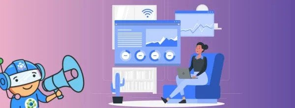 Yurbi - A woman using a laptop examines data charts on large display screens, while a friendly cartoon robot with a megaphone draws attention to the “Top Embedded Analytics” feature. The scene uses a purple and pink gradient background, reflecting Yurbi’s branding and focus on customizable business intelligence solutions.